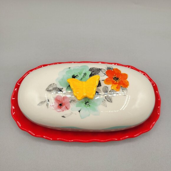 Pioneer Woman Butter Dish Floral Ceramic Butterfly Top Lid and Red Tray - Picture 2 of 10